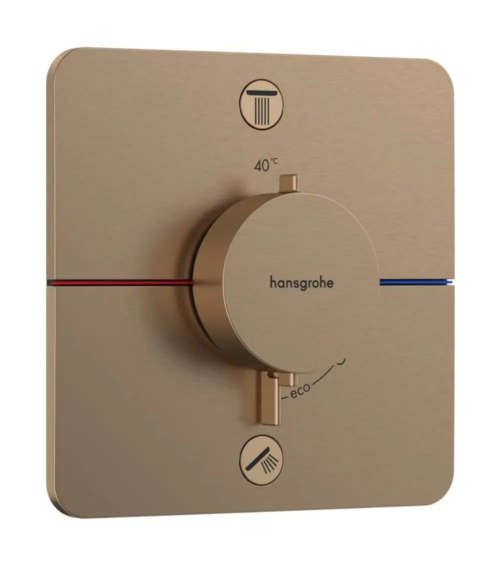 Hansgrohe Thermostat in gebürstetem Bronze mit roter und blauer Markierung.